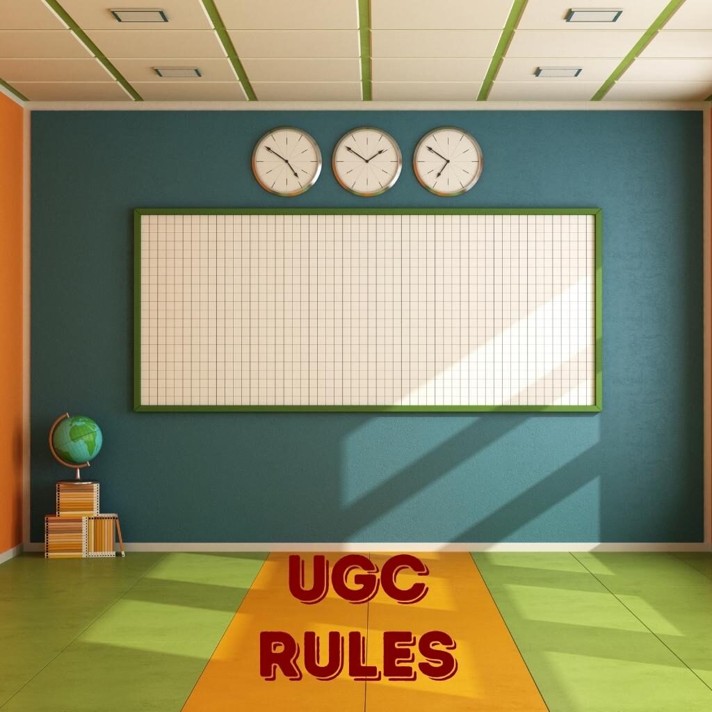 Classroom with globe, three clocks and a board with UGC Rules written at bottom