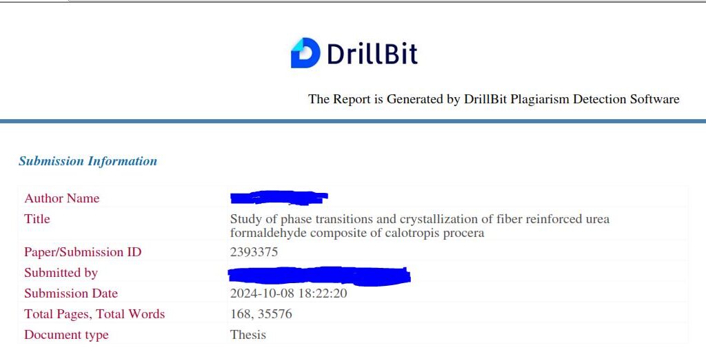 Report of Drillbit showing submission information, which includes: the author’s name, title of the document, submission ID, submitted by, submission date, document type, and total page and word count and document type