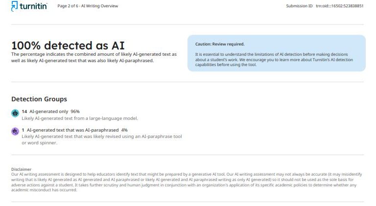 100% AI Score shown by a Turnitin AI report